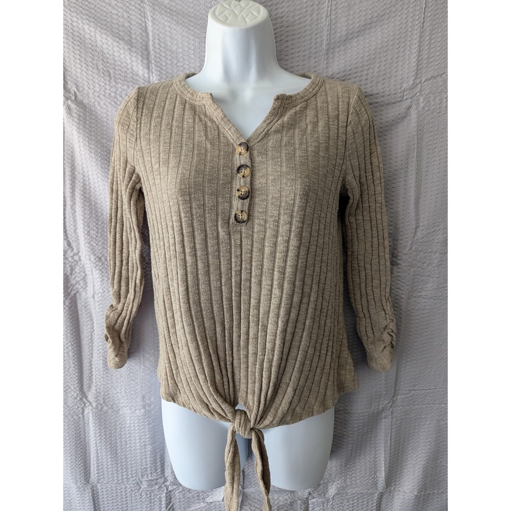 Maurices Womens XS Tan Ribbed Henley Tie Front Long Sleeve Top Ruched Cuff